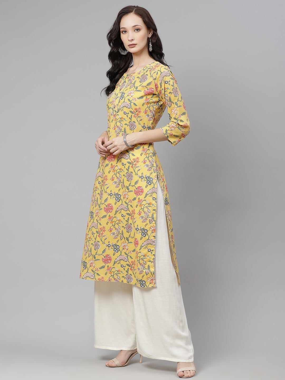 Women'S Yellow Printed Straight Cotton Kurta | LASVINI - Redefining Indian Fashion with Elegance