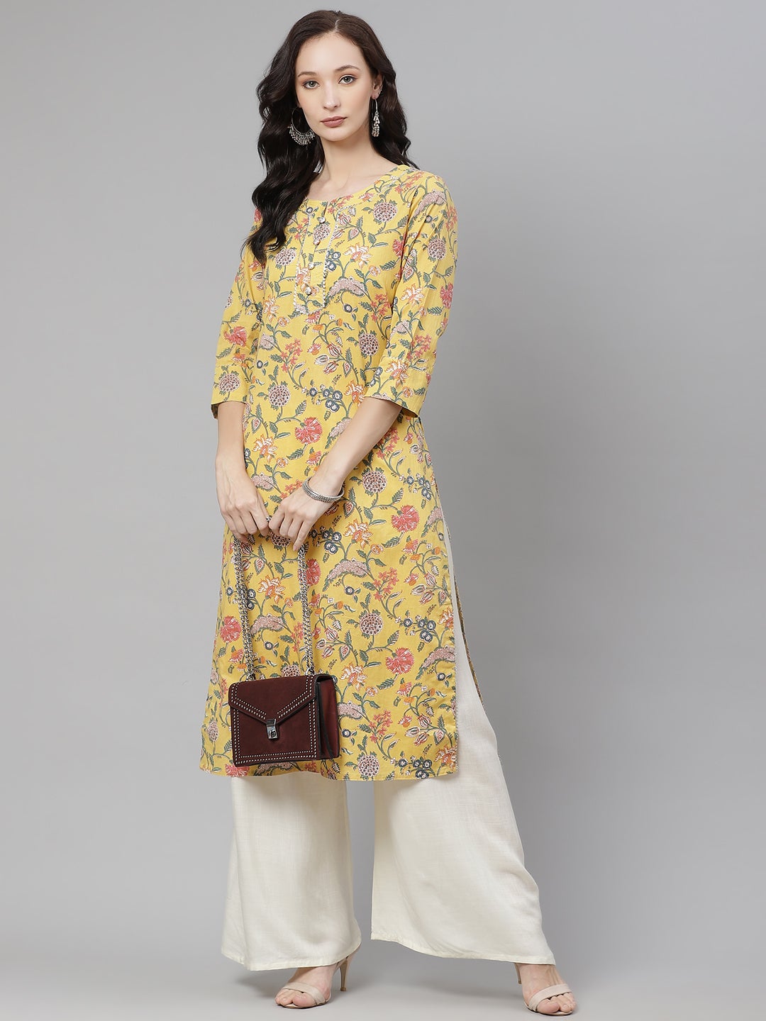 Women'S Yellow Printed Straight Cotton Kurta | LASVINI - Redefining Indian Fashion with Elegance