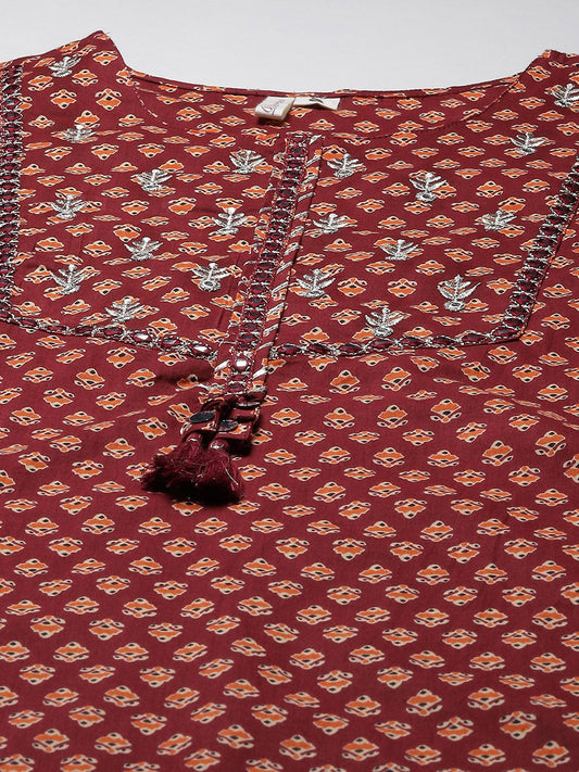 Women'S Maroon Buti Print Straight Kurta With Cotton Pants | LASVINI - Redefining Indian Fashion with Elegance