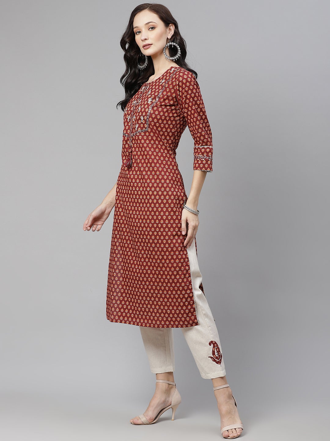 Women'S Maroon Buti Print Straight Kurta With Cotton Pants | LASVINI - Redefining Indian Fashion with Elegance
