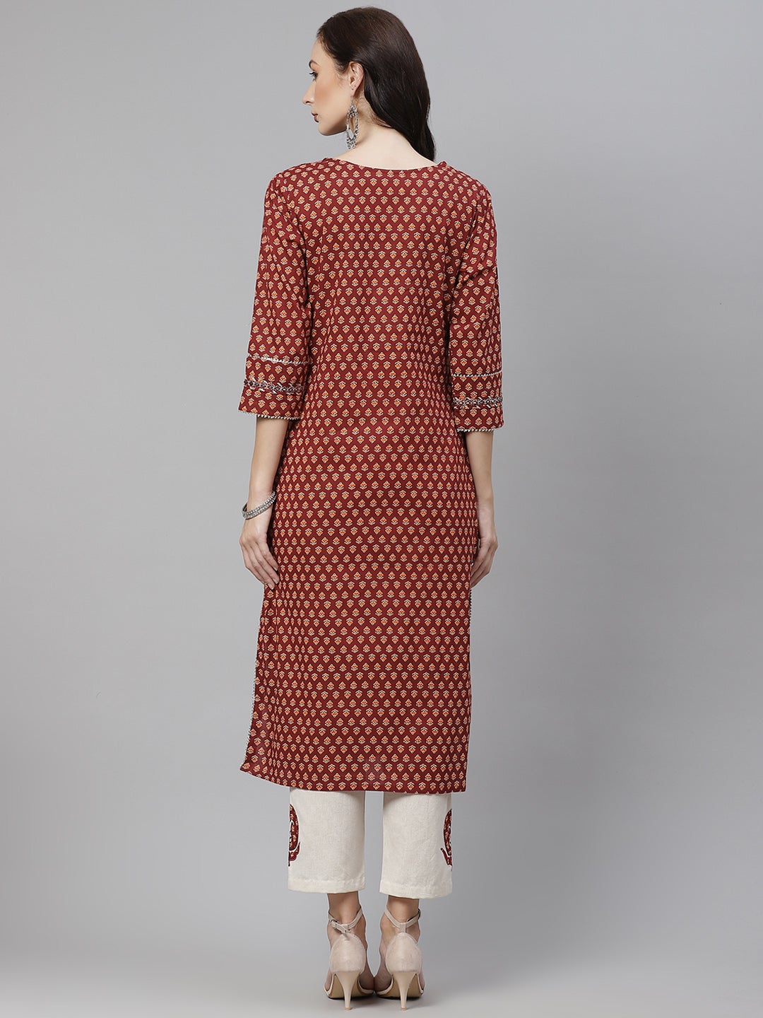 Women'S Maroon Buti Print Straight Kurta With Cotton Pants | LASVINI - Redefining Indian Fashion with Elegance