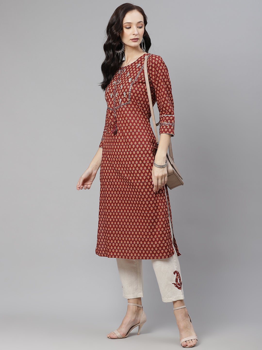 Women'S Maroon Buti Print Straight Kurta With Cotton Pants | LASVINI - Redefining Indian Fashion with Elegance