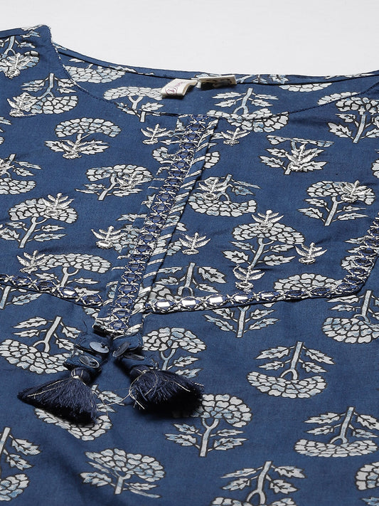 Women'S Indigo Blue Buti Print Straight Kurta With Cotton Pants | LASVINI - Redefining Indian Fashion with Elegance