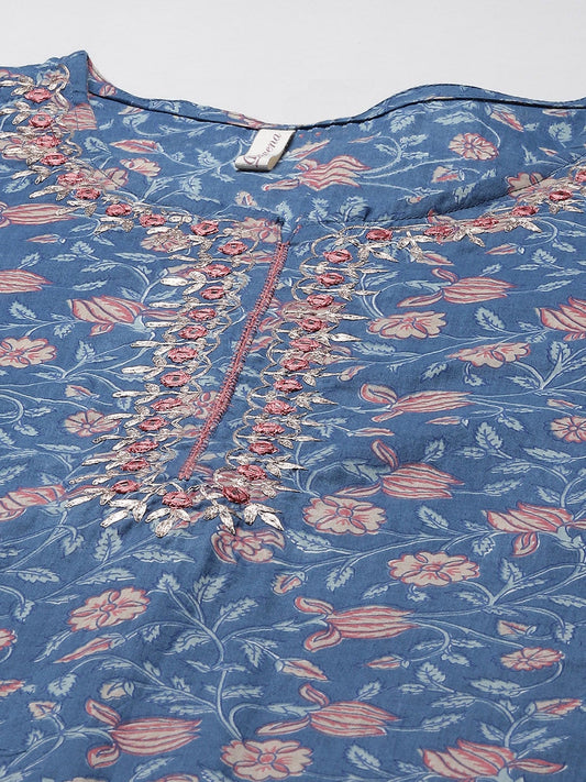 Women'S Blue Printed Straight Kurta With Cotton Pants | LASVINI - Redefining Indian Fashion with Elegance