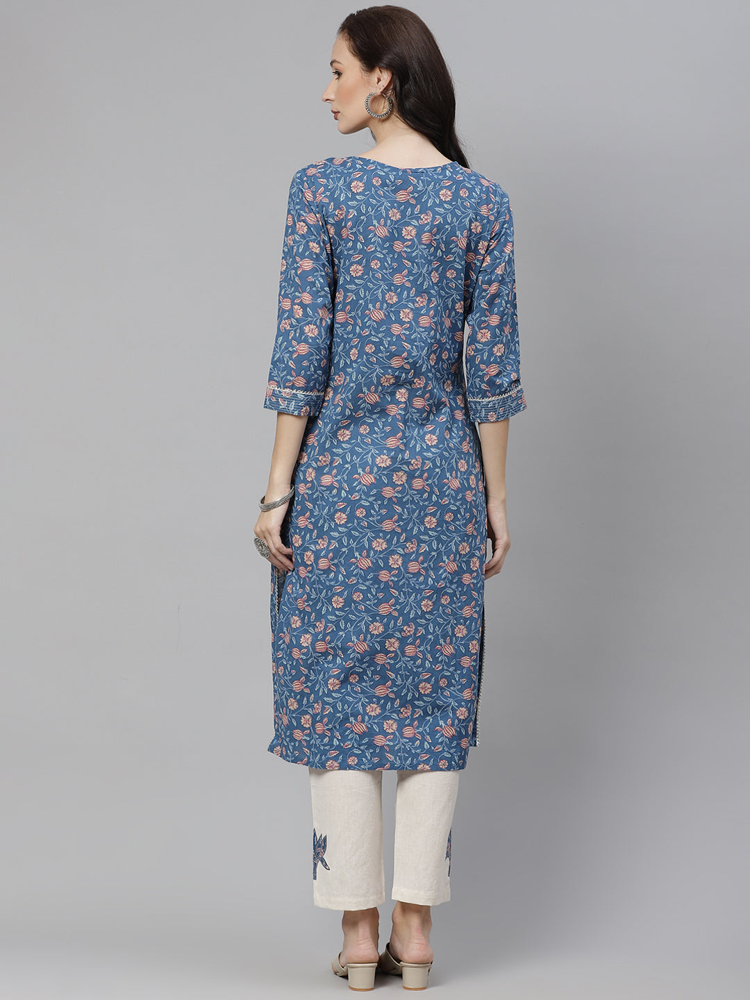 Women'S Blue Printed Straight Kurta With Cotton Pants | LASVINI - Redefining Indian Fashion with Elegance