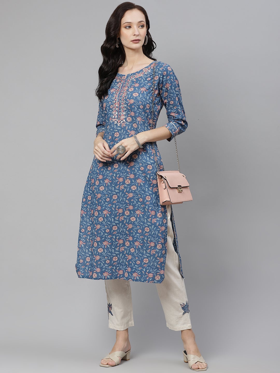 Women'S Blue Printed Straight Kurta With Cotton Pants | LASVINI - Redefining Indian Fashion with Elegance
