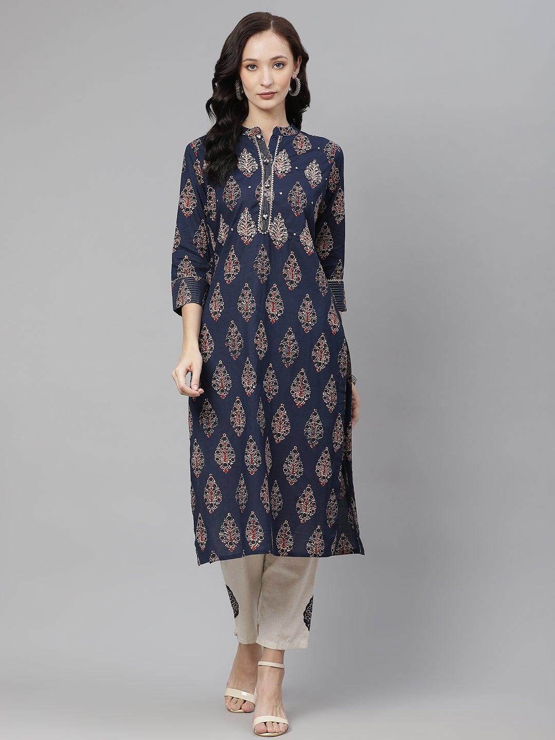 Women'S Blue Printed Straight Kurta With Cotton Pants | LASVINI - Redefining Indian Fashion with Elegance