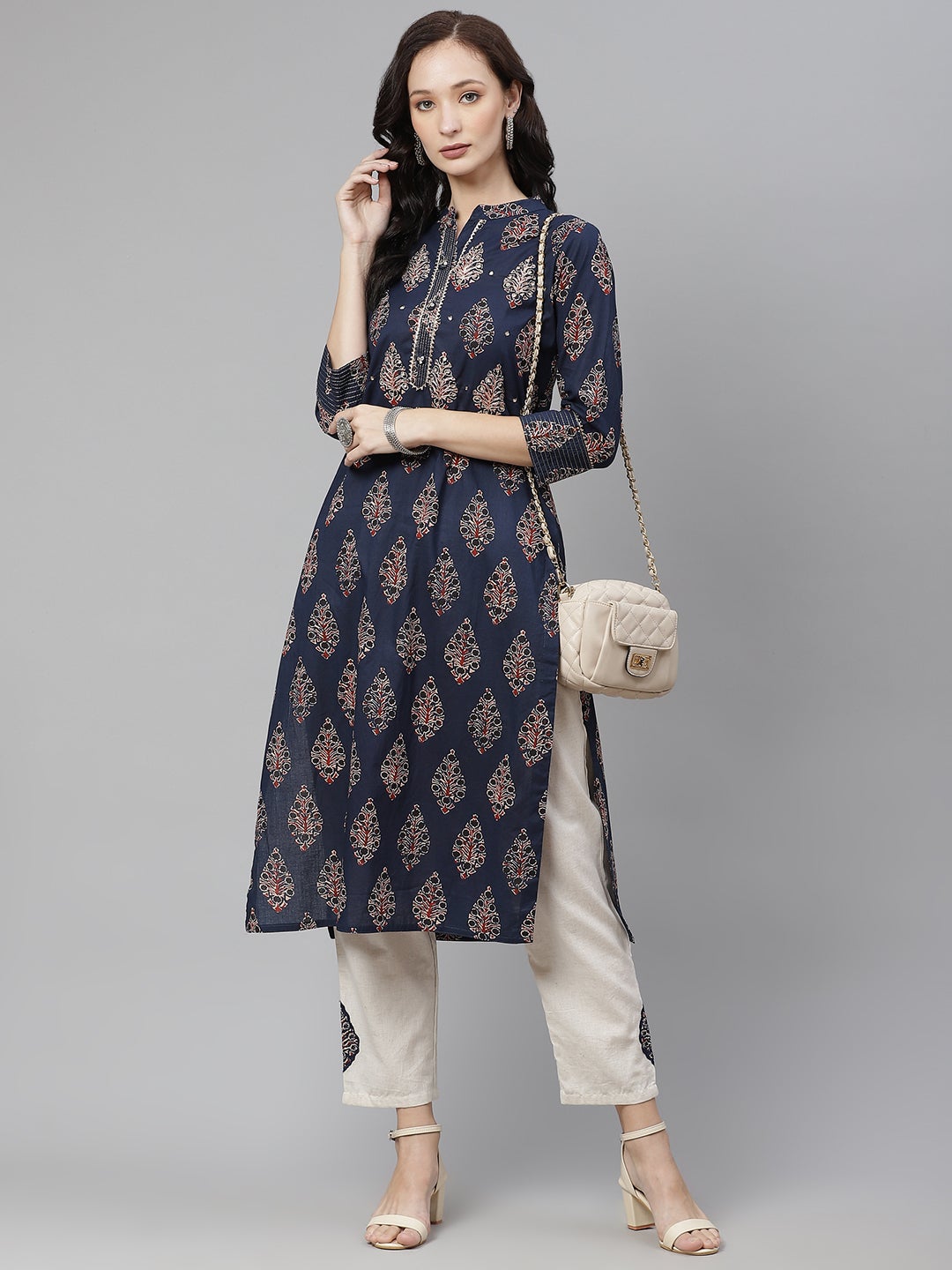 Women'S Blue Printed Straight Kurta With Cotton Pants | LASVINI - Redefining Indian Fashion with Elegance