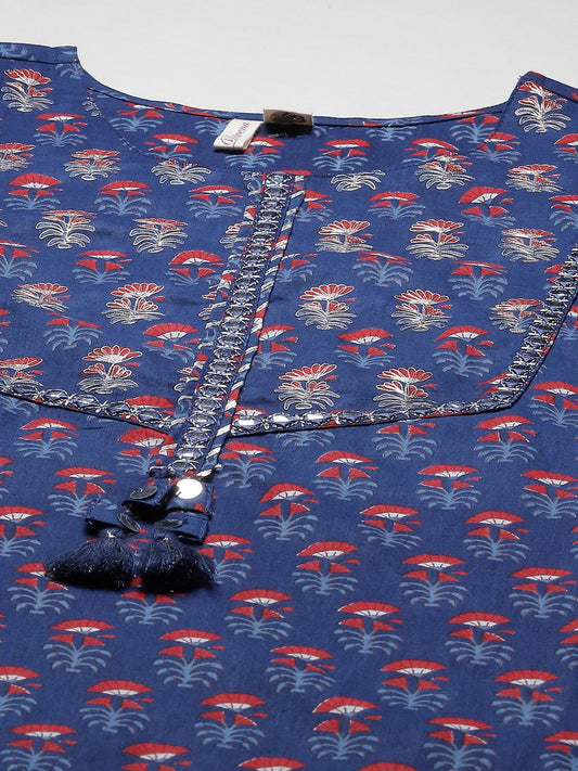 Women'S Blue Printed Straight Kurta With Cotton Pants | LASVINI - Redefining Indian Fashion with Elegance