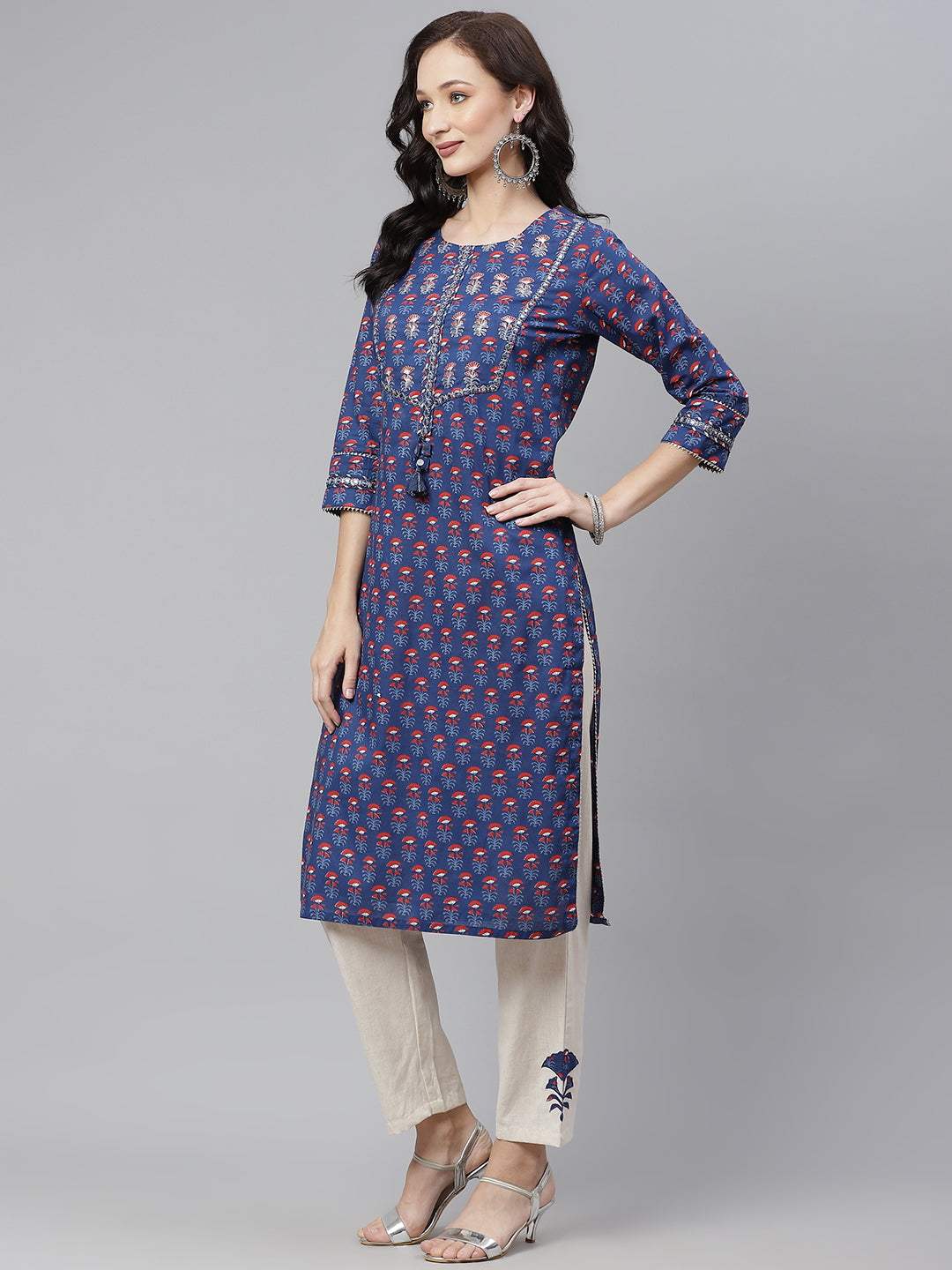 Women'S Blue Printed Straight Kurta With Cotton Pants | LASVINI - Redefining Indian Fashion with Elegance