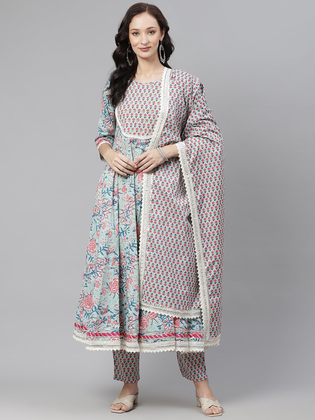 Women'S Blue Self Print Cotton Anarkali Kurta Palazzo Set With Dupatta | LASVINI - Redefining Indian Fashion with Elegance