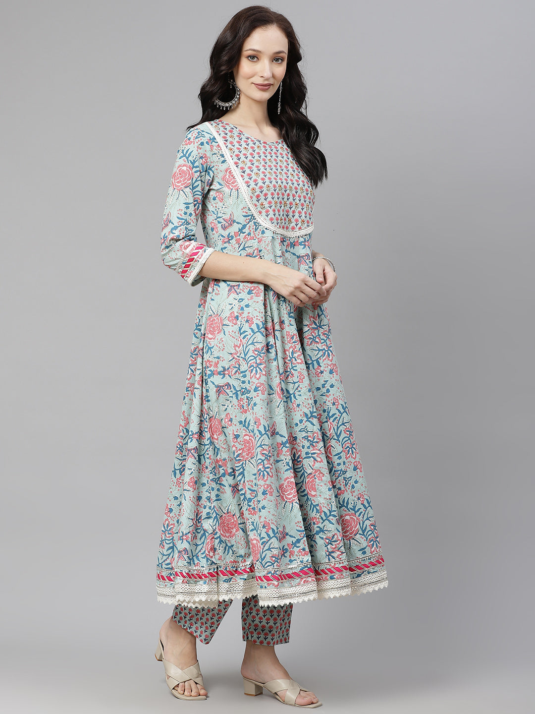 Women'S Blue Self Print Cotton Anarkali Kurta Palazzo Set With Dupatta | LASVINI - Redefining Indian Fashion with Elegance