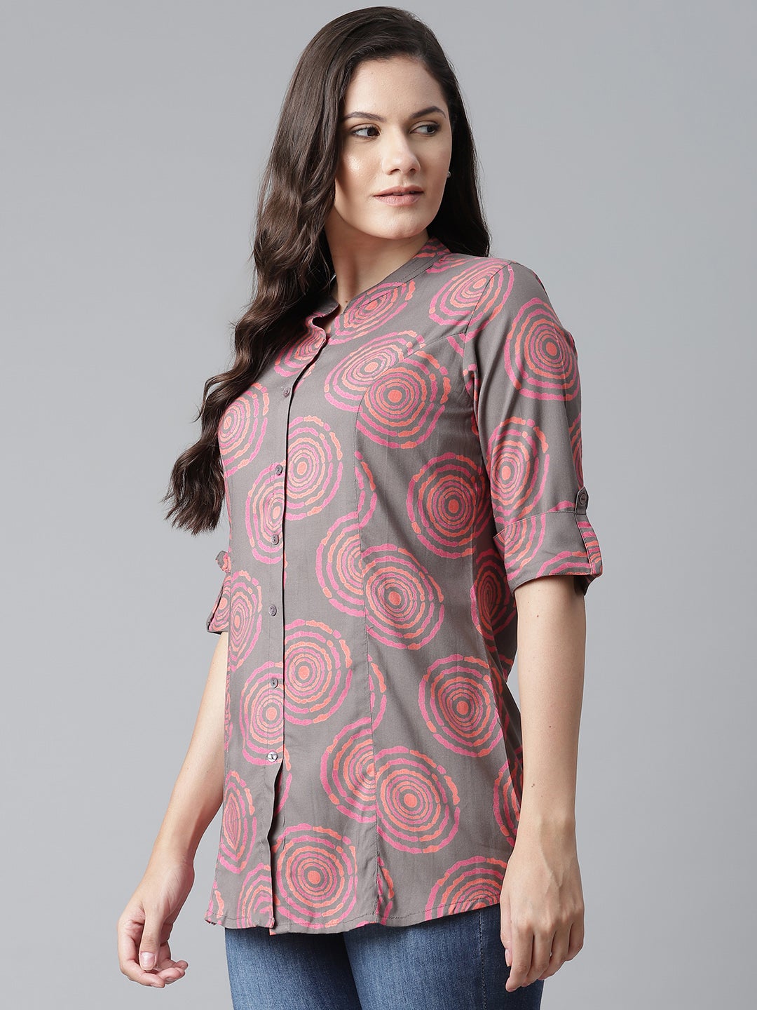 Women'S Grey Spiral Rayon Print Top | LASVINI - Redefining Indian Fashion with Elegance