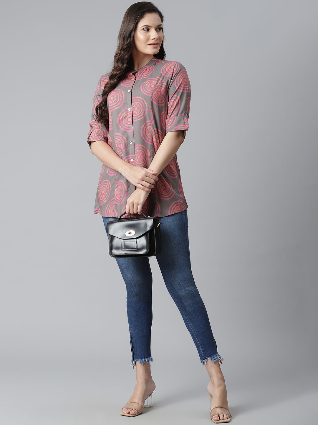 Women'S Grey Spiral Rayon Print Top | LASVINI - Redefining Indian Fashion with Elegance