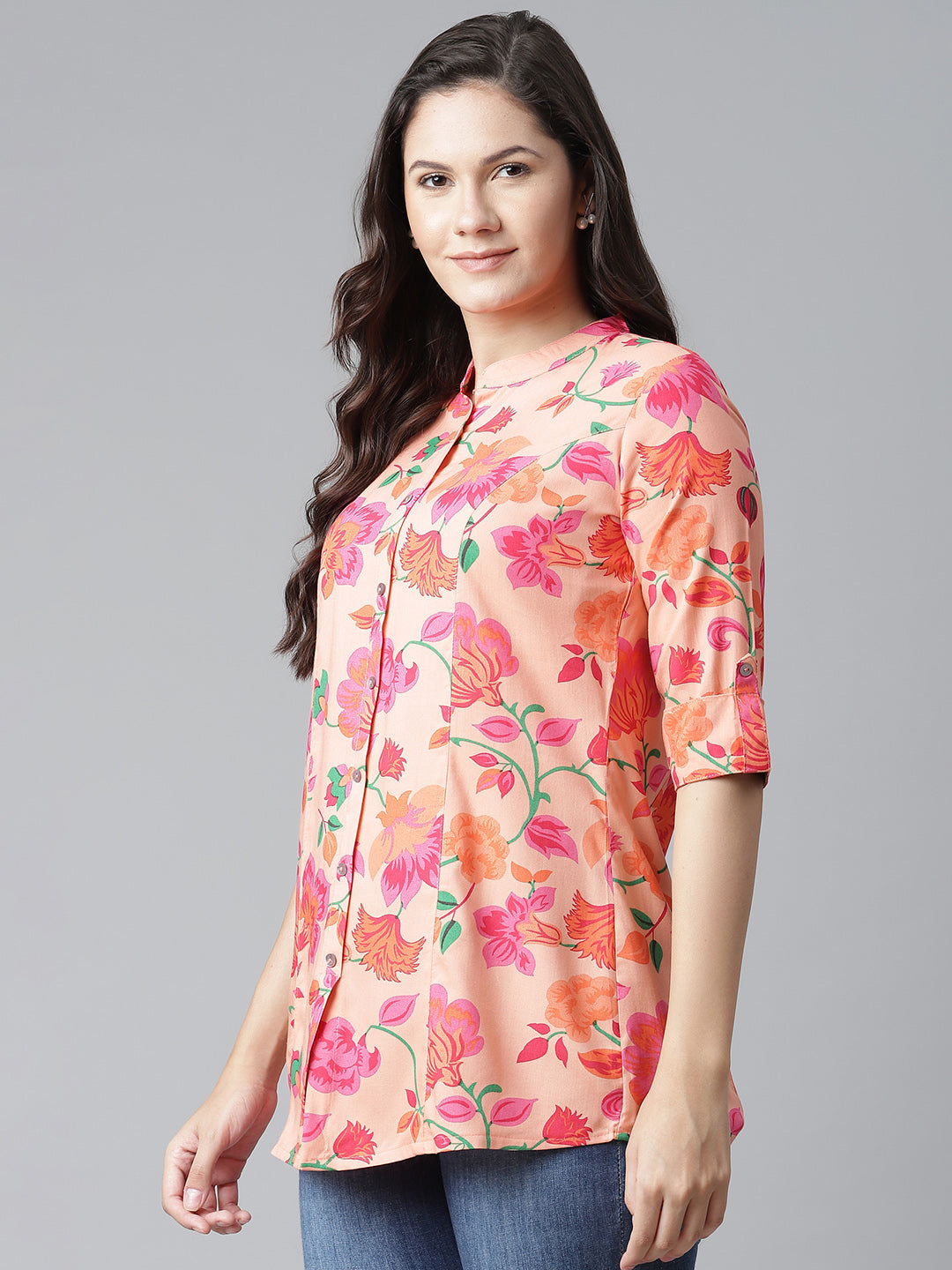 Women'S Rayon Peach Floral Print Top | LASVINI - Redefining Indian Fashion with Elegance