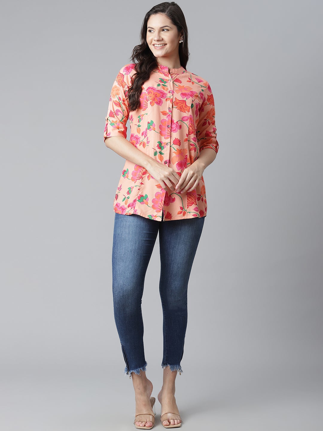 Women'S Rayon Peach Floral Print Top | LASVINI - Redefining Indian Fashion with Elegance