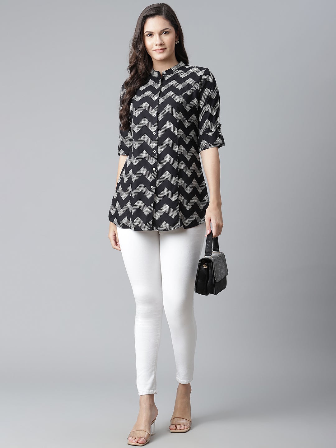 Women'S Black Rayon Zigzag Print Top | LASVINI - Redefining Indian Fashion with Elegance