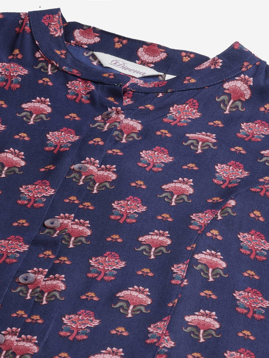 Women'S Dark Blue Rayon Printed Top | LASVINI - Redefining Indian Fashion with Elegance