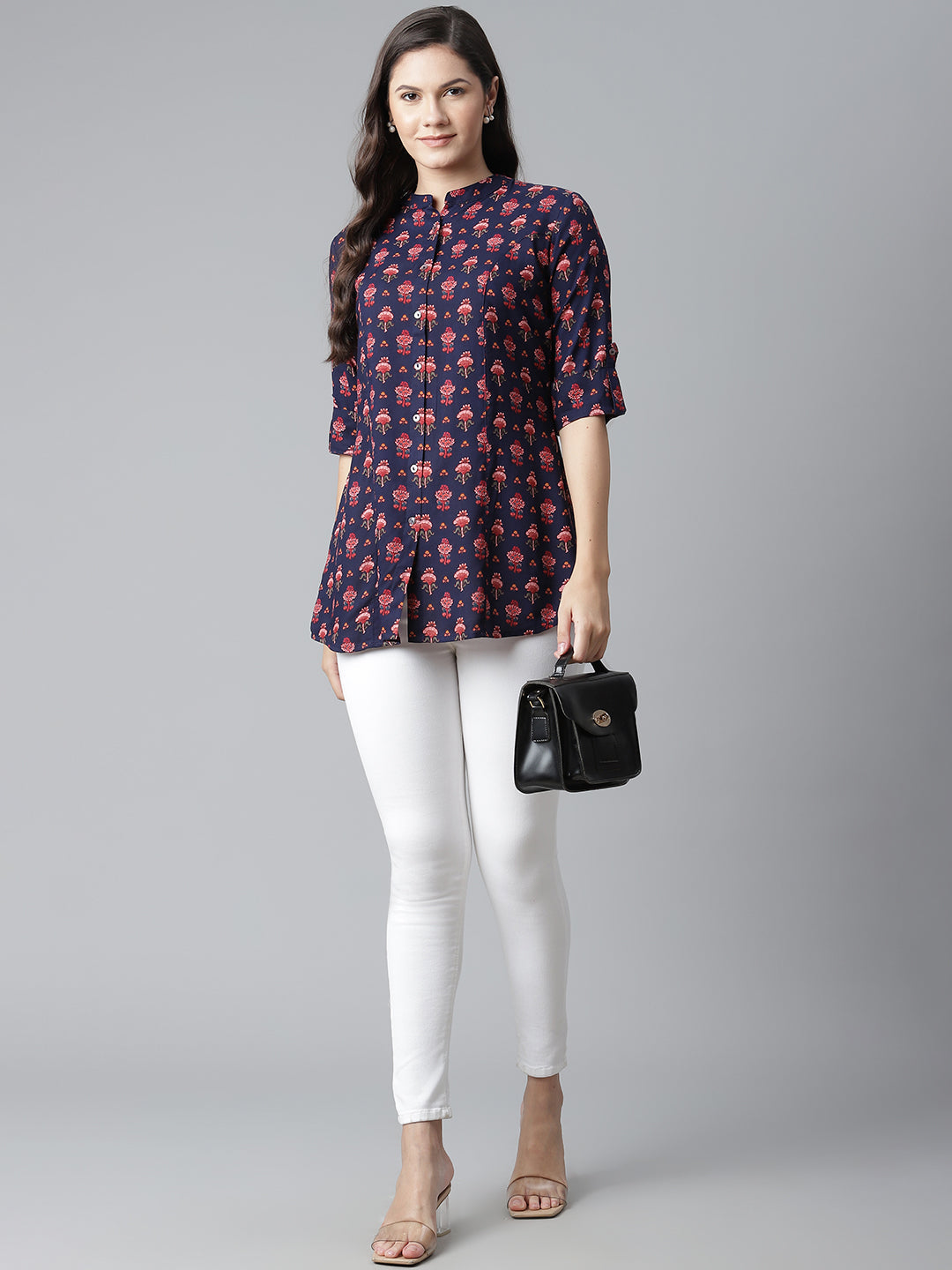 Women'S Dark Blue Rayon Printed Top | LASVINI - Redefining Indian Fashion with Elegance
