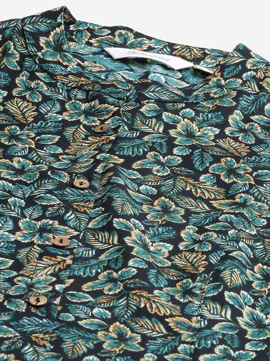Women'S Navy Blue Green Rayon Printed Top | LASVINI - Redefining Indian Fashion with Elegance