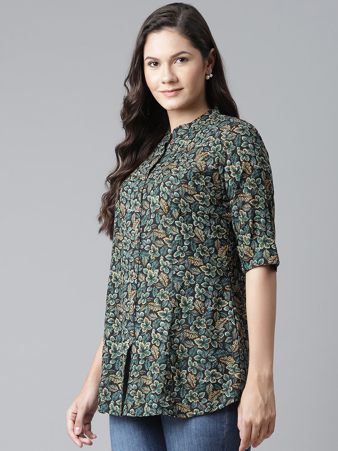 Women'S Navy Blue Green Rayon Printed Top | LASVINI - Redefining Indian Fashion with Elegance