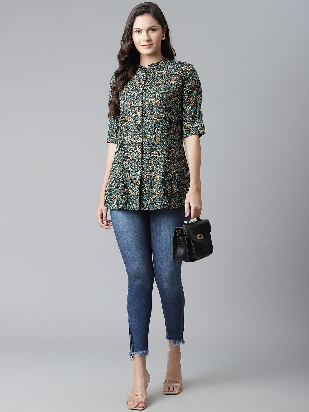 Women'S Navy Blue Green Rayon Printed Top | LASVINI - Redefining Indian Fashion with Elegance