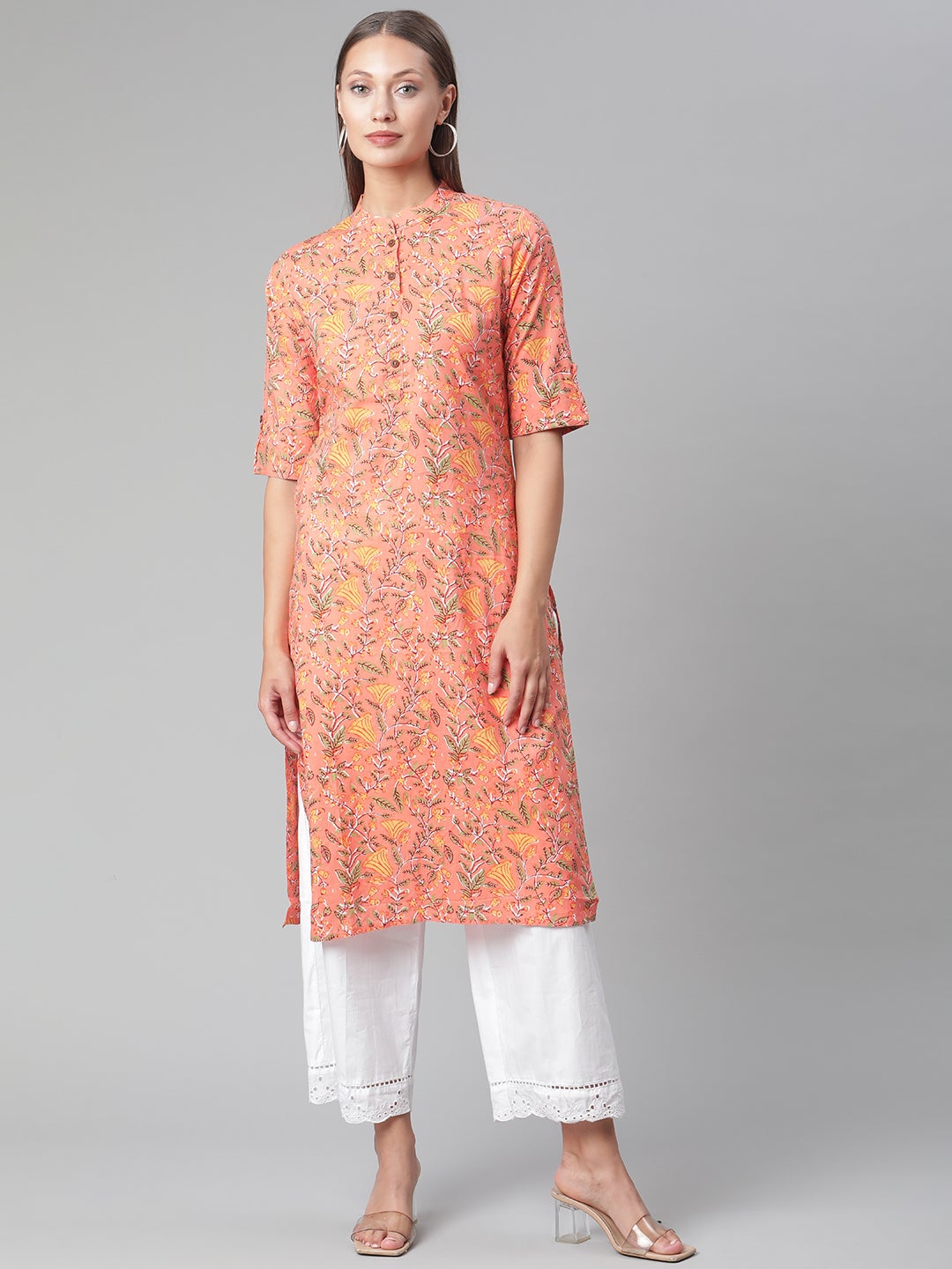 Women'S Peach Floral Print Cotton Straight Kurta | LASVINI - Redefining Indian Fashion with Elegance