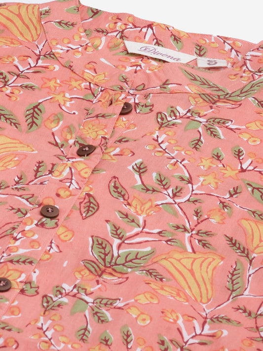 Women'S Peach Floral Print Cotton Straight Kurta | LASVINI - Redefining Indian Fashion with Elegance