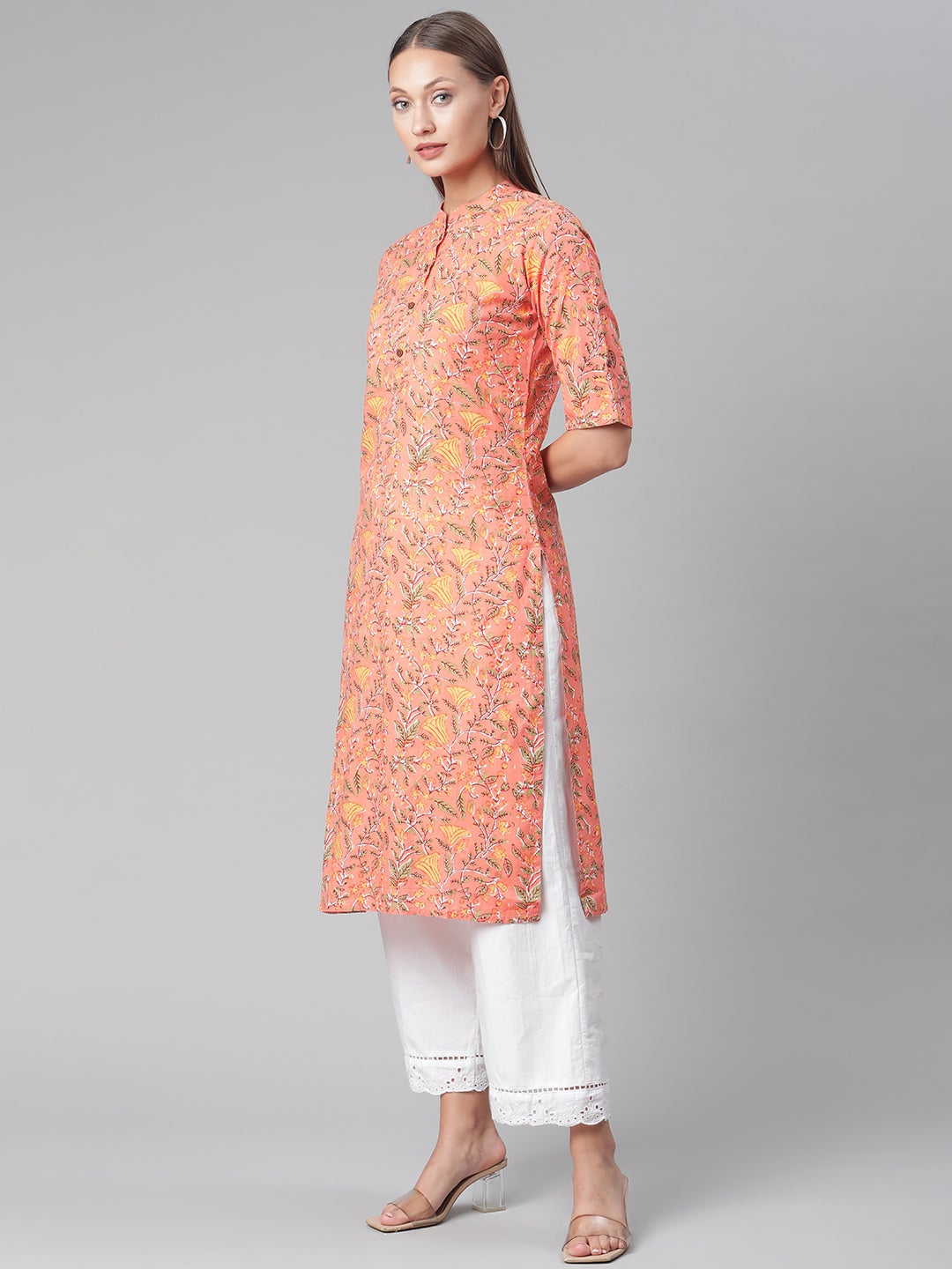 Women'S Peach Floral Print Cotton Straight Kurta | LASVINI - Redefining Indian Fashion with Elegance