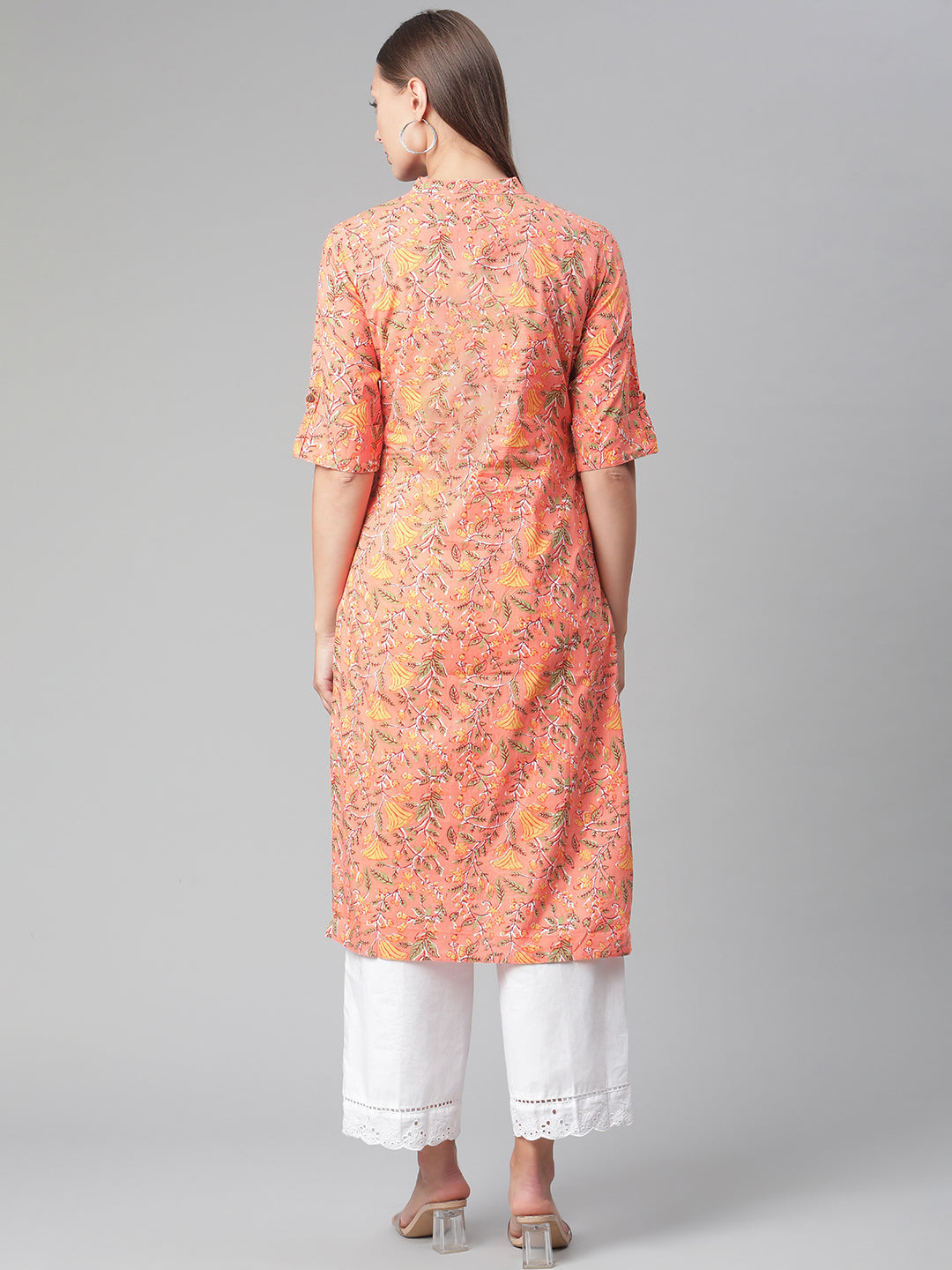 Women'S Peach Floral Print Cotton Straight Kurta | LASVINI - Redefining Indian Fashion with Elegance
