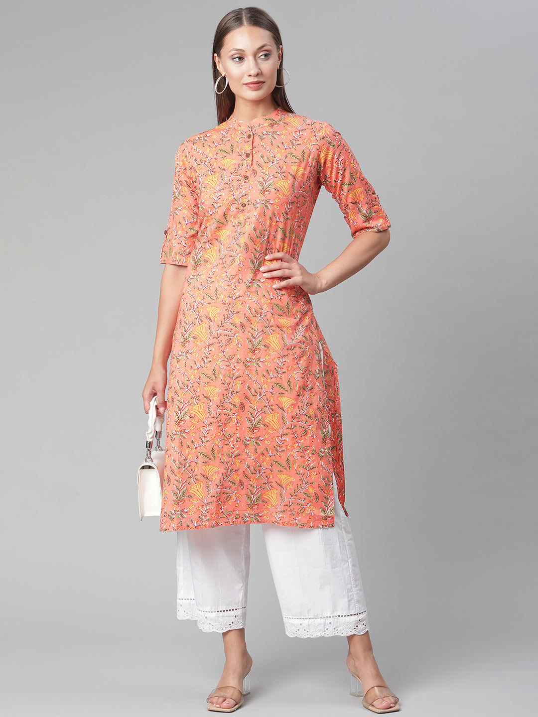 Women'S Peach Floral Print Cotton Straight Kurta | LASVINI - Redefining Indian Fashion with Elegance