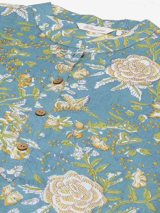 Women'S Teal Floral Print Cotton Straight Kurta | LASVINI - Redefining Indian Fashion with Elegance