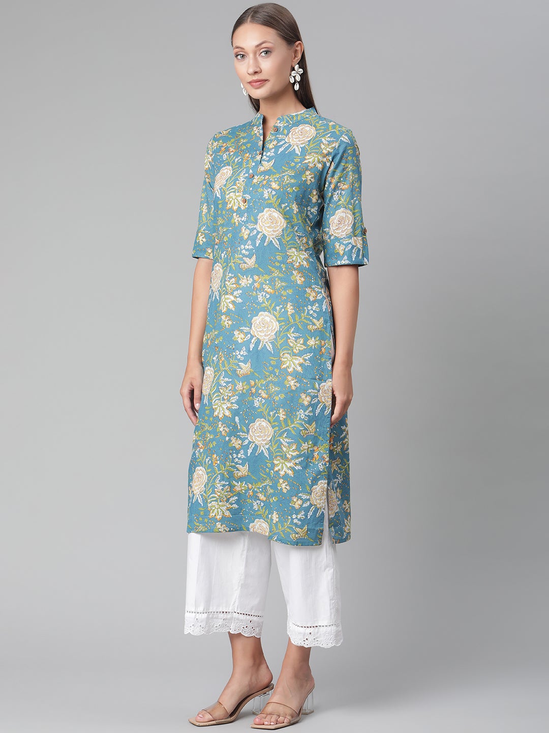 Women'S Teal Floral Print Cotton Straight Kurta | LASVINI - Redefining Indian Fashion with Elegance