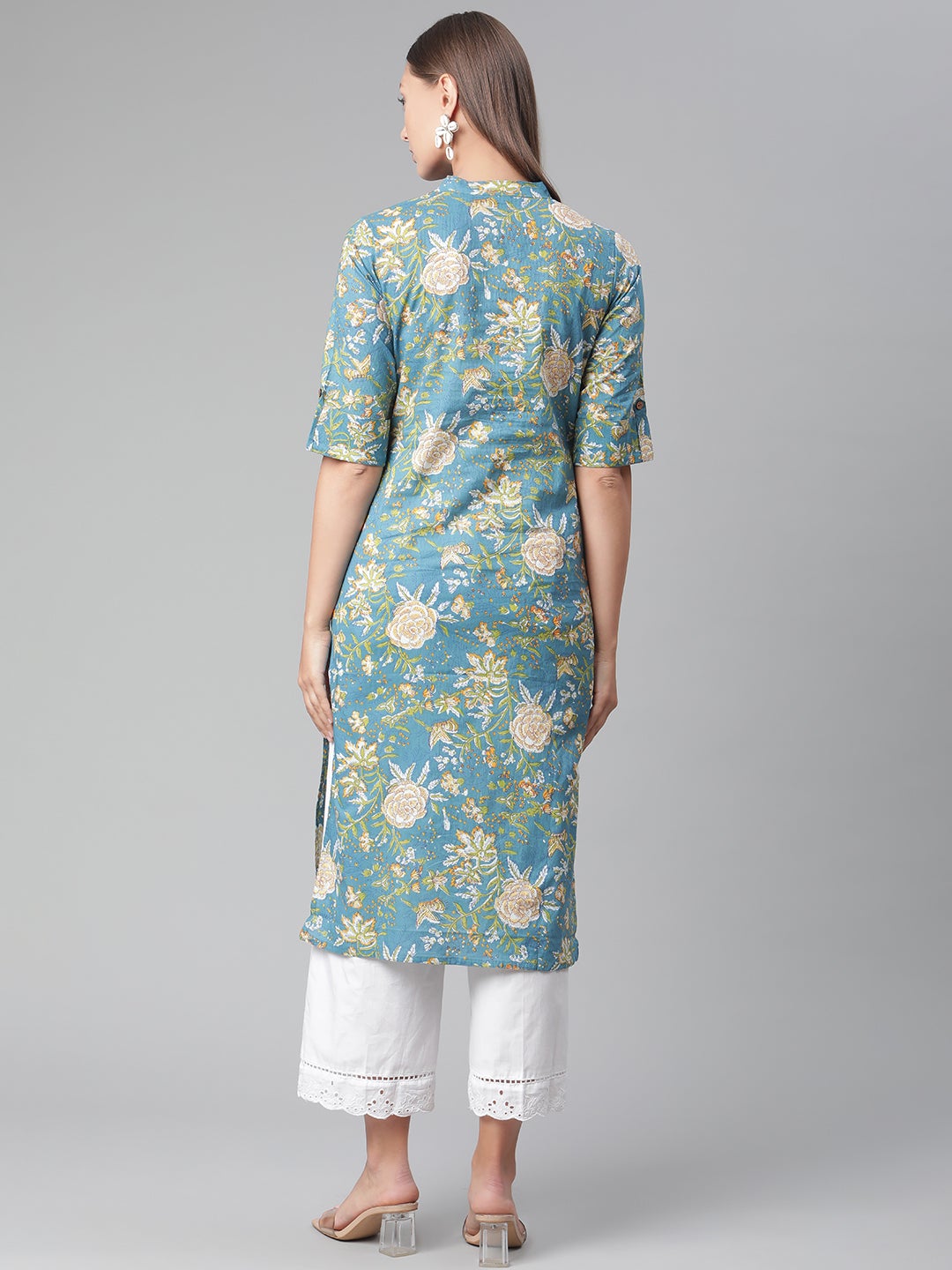 Women'S Teal Floral Print Cotton Straight Kurta | LASVINI - Redefining Indian Fashion with Elegance