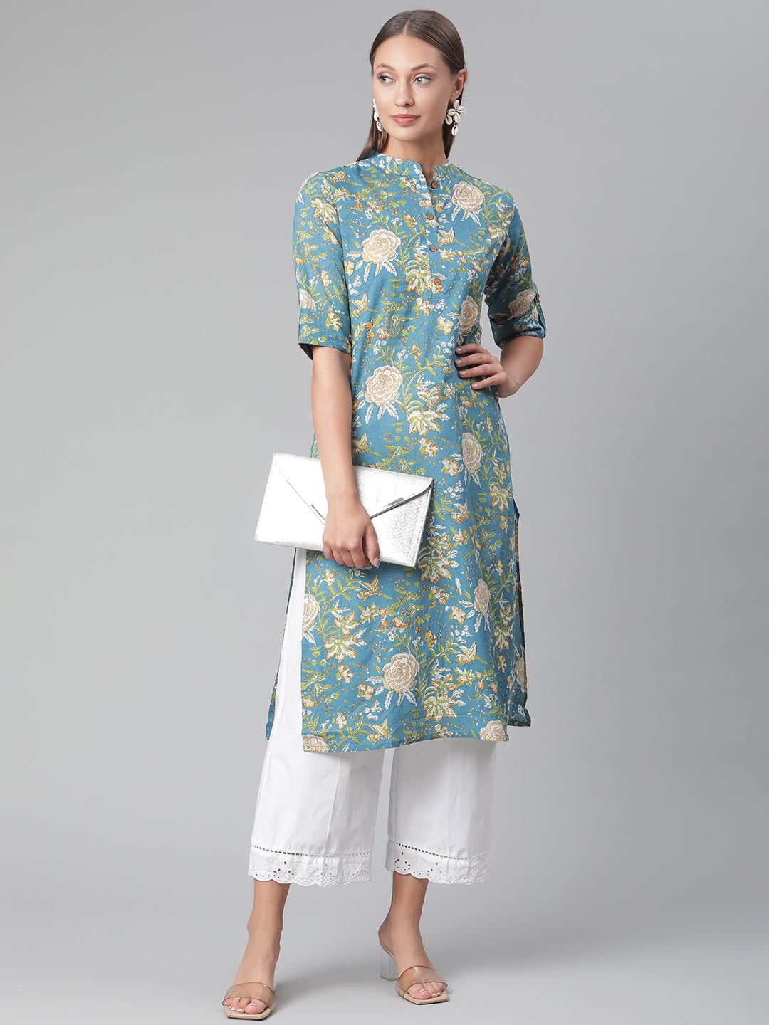 Women'S Teal Floral Print Cotton Straight Kurta | LASVINI - Redefining Indian Fashion with Elegance