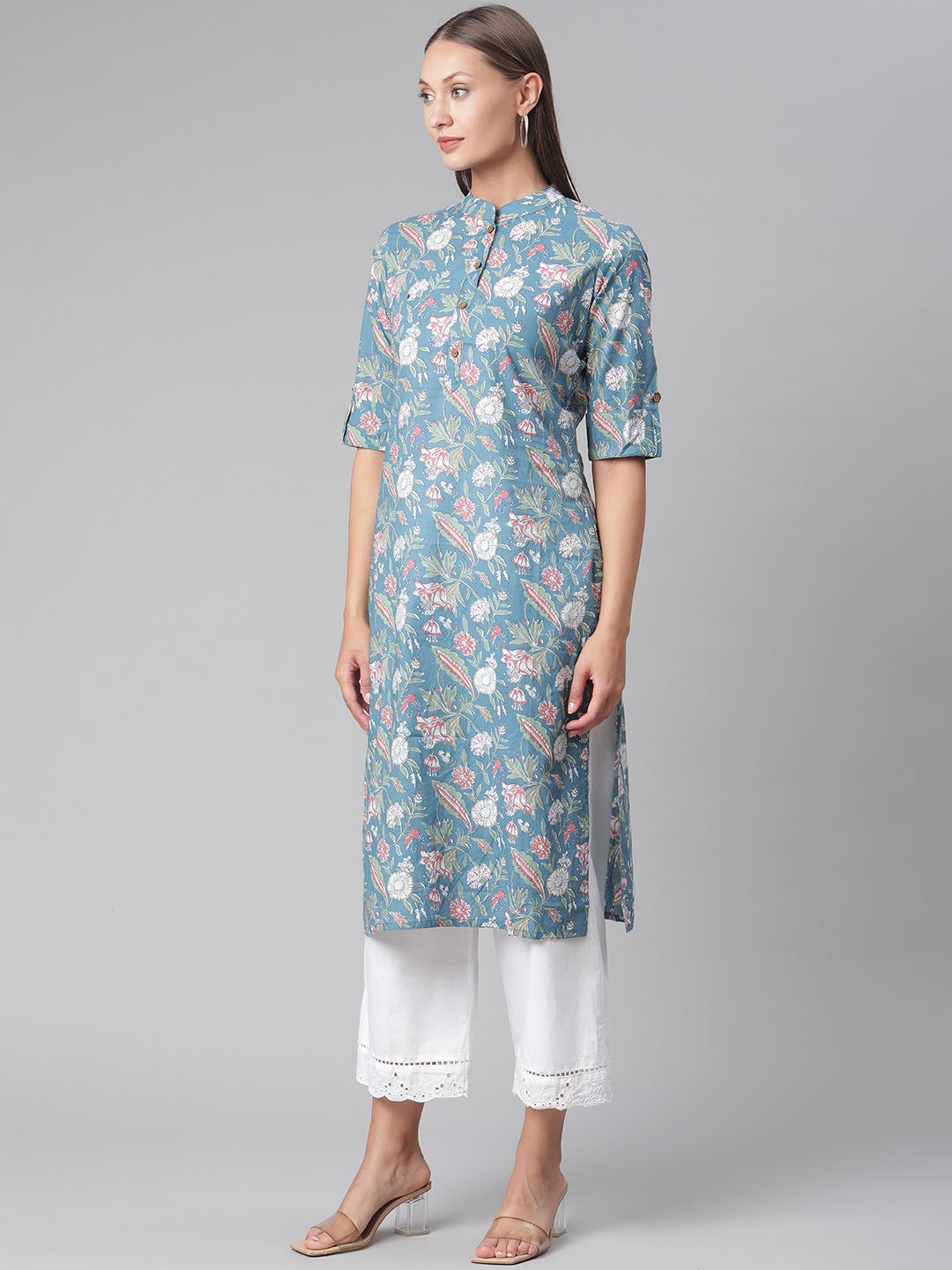 Women'S Blue Floral Print Cotton Straight Kurta | LASVINI - Redefining Indian Fashion with Elegance