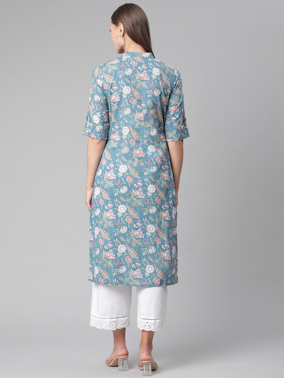 Women'S Blue Floral Print Cotton Straight Kurta | LASVINI - Redefining Indian Fashion with Elegance