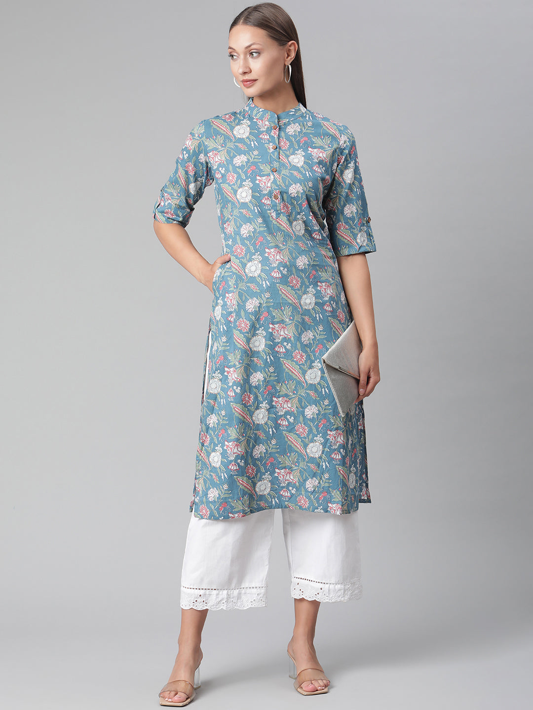 Women'S Blue Floral Print Cotton Straight Kurta | LASVINI - Redefining Indian Fashion with Elegance