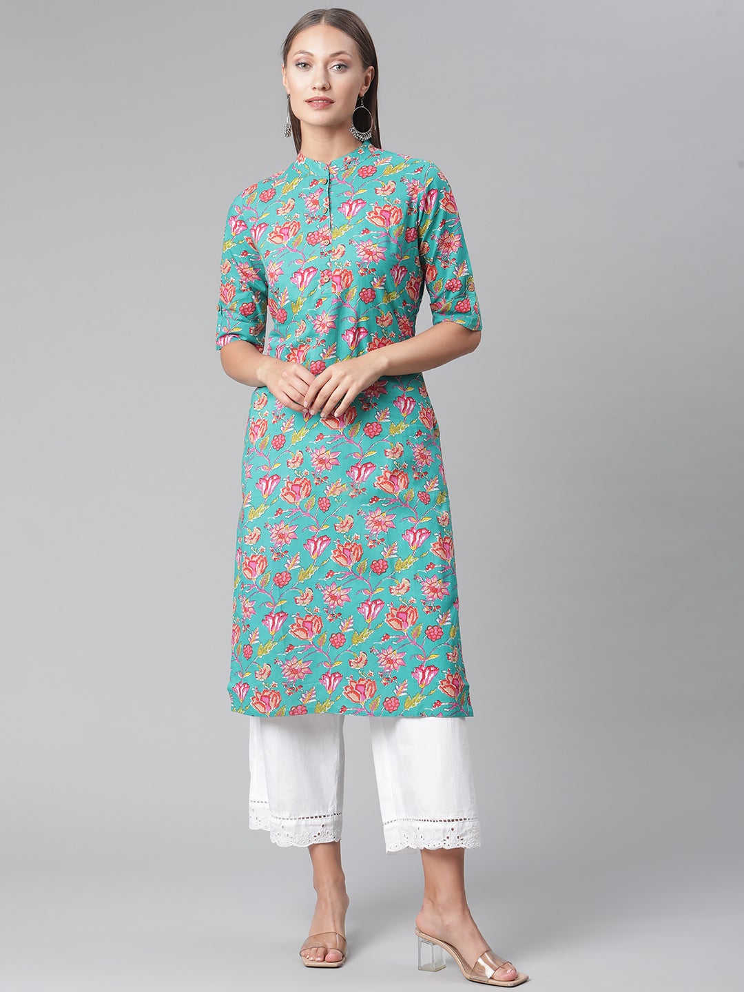 Women'S Green Floral Print Cotton Straight Kurta | LASVINI - Redefining Indian Fashion with Elegance