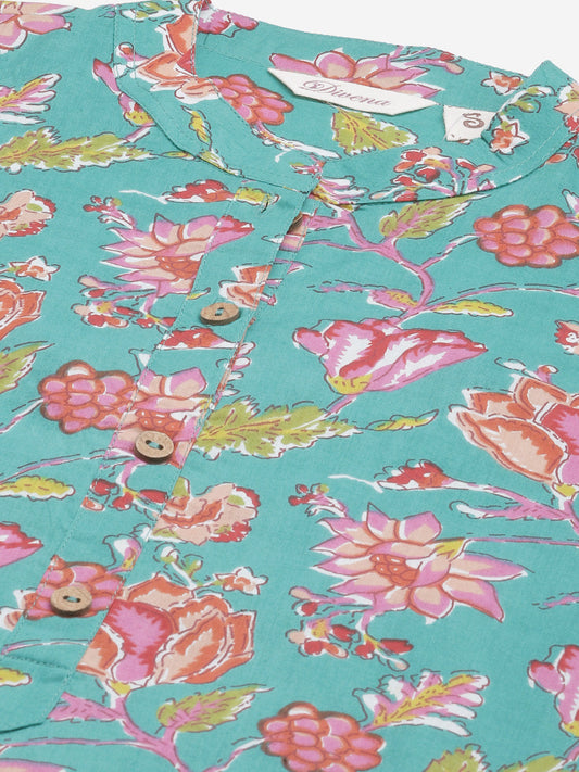 Women'S Green Floral Print Cotton Straight Kurta | LASVINI - Redefining Indian Fashion with Elegance