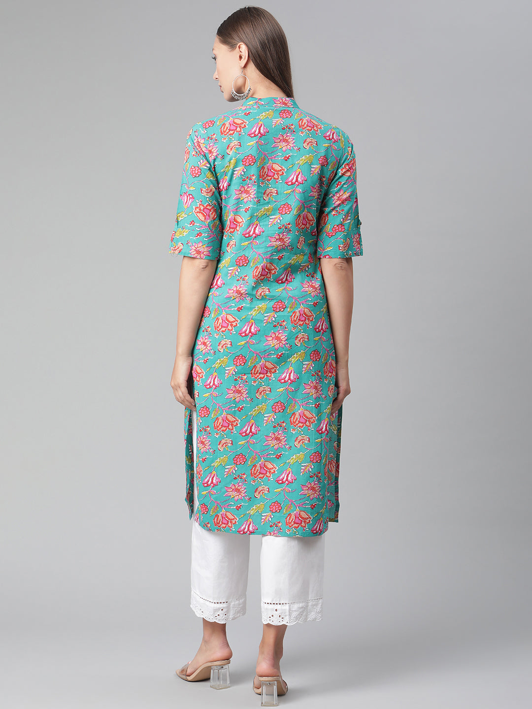 Women'S Green Floral Print Cotton Straight Kurta | LASVINI - Redefining Indian Fashion with Elegance