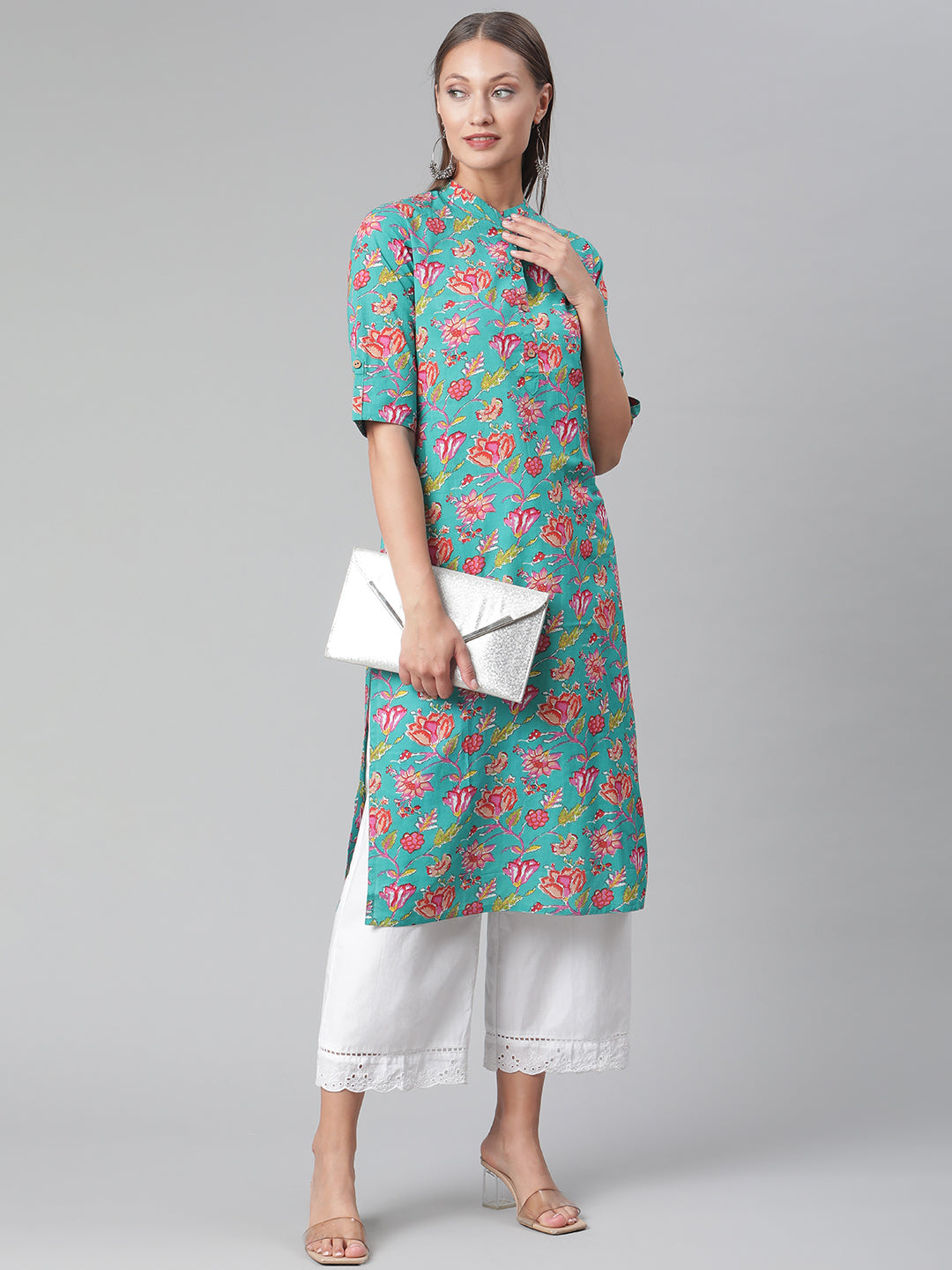 Women'S Green Floral Print Cotton Straight Kurta | LASVINI - Redefining Indian Fashion with Elegance