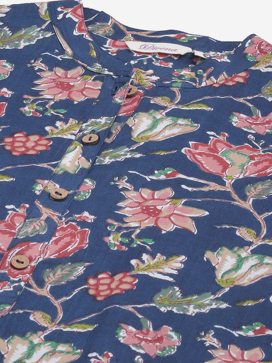 Women'S Blue Floral Print Cotton Straight Kurta | LASVINI - Redefining Indian Fashion with Elegance
