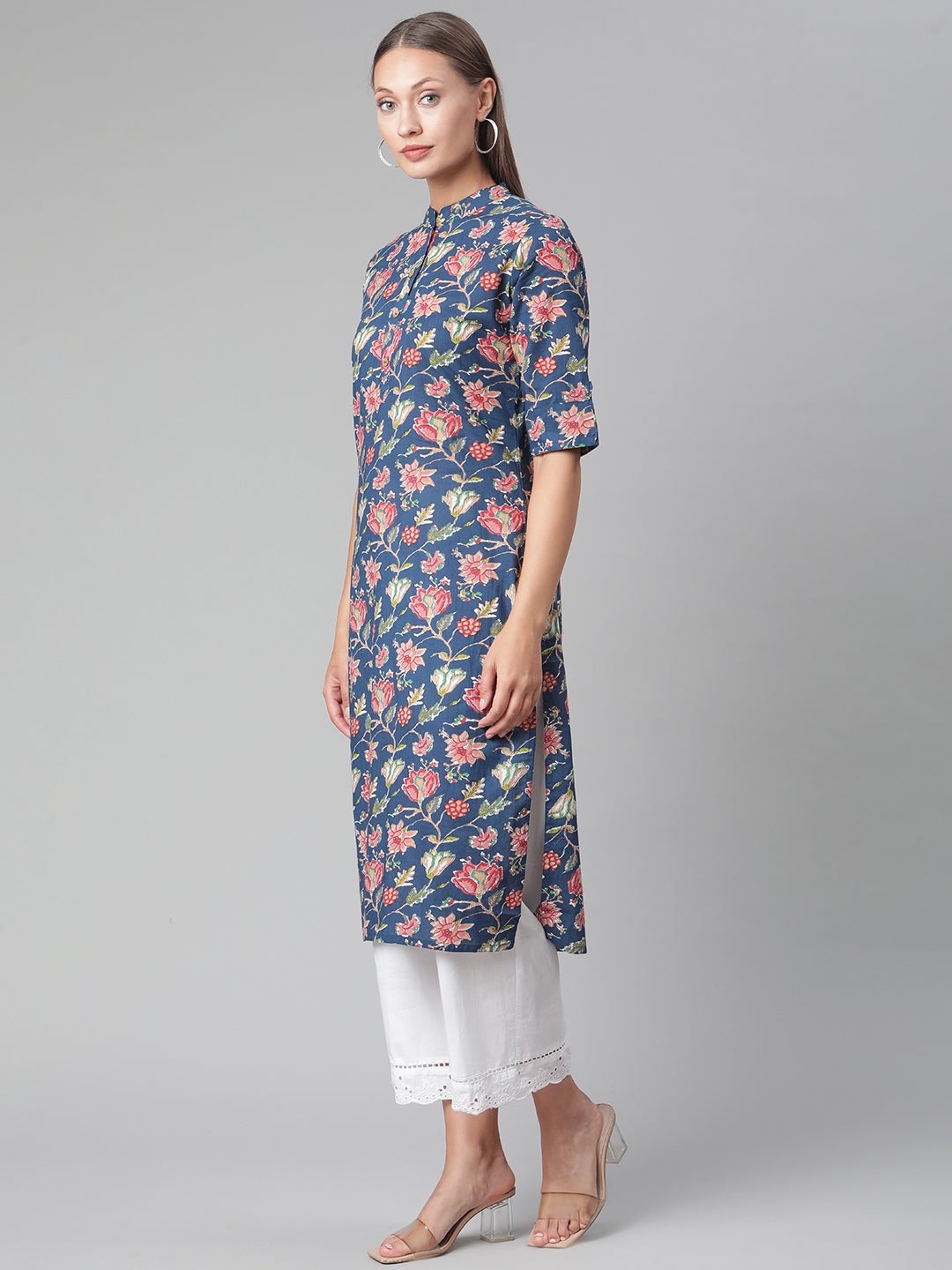 Women'S Blue Floral Print Cotton Straight Kurta | LASVINI - Redefining Indian Fashion with Elegance