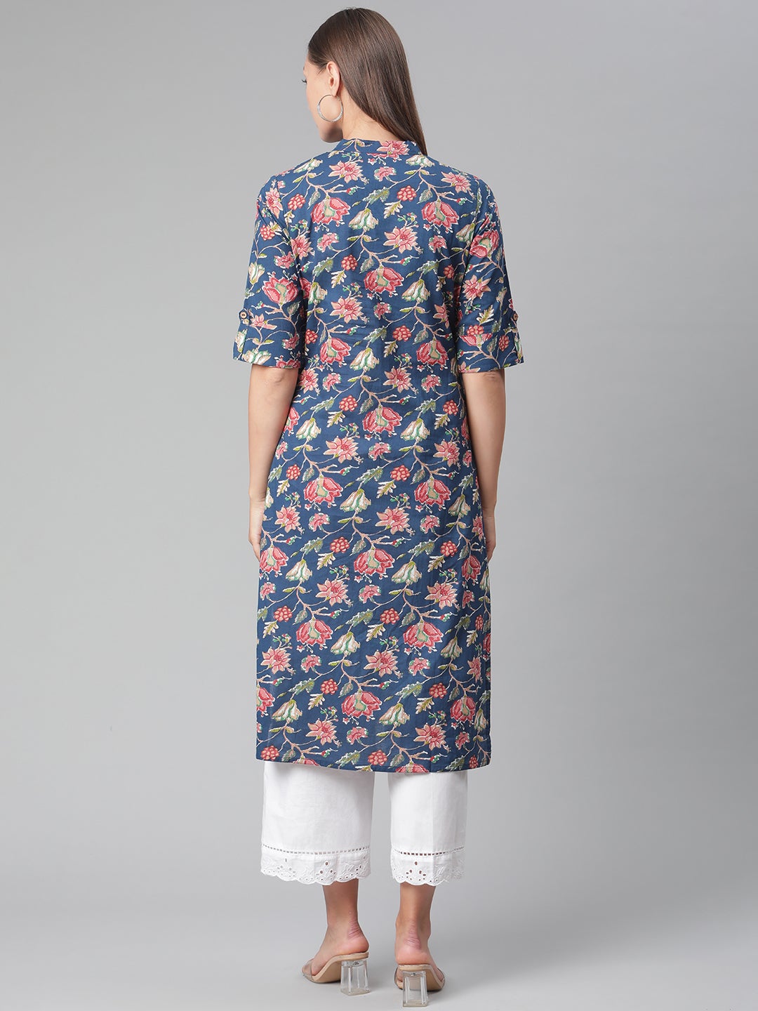 Women'S Blue Floral Print Cotton Straight Kurta | LASVINI - Redefining Indian Fashion with Elegance