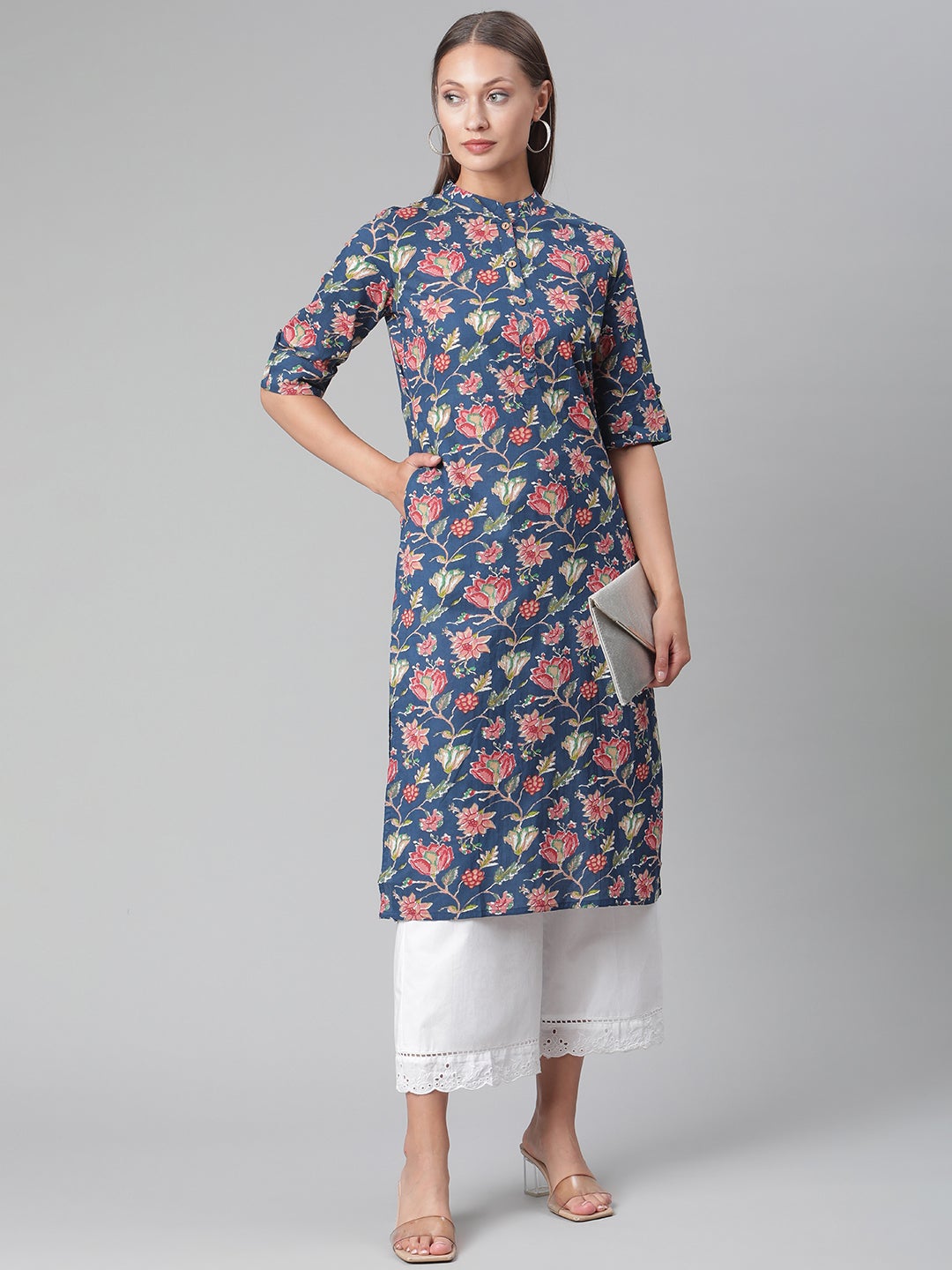 Women'S Blue Floral Print Cotton Straight Kurta | LASVINI - Redefining Indian Fashion with Elegance