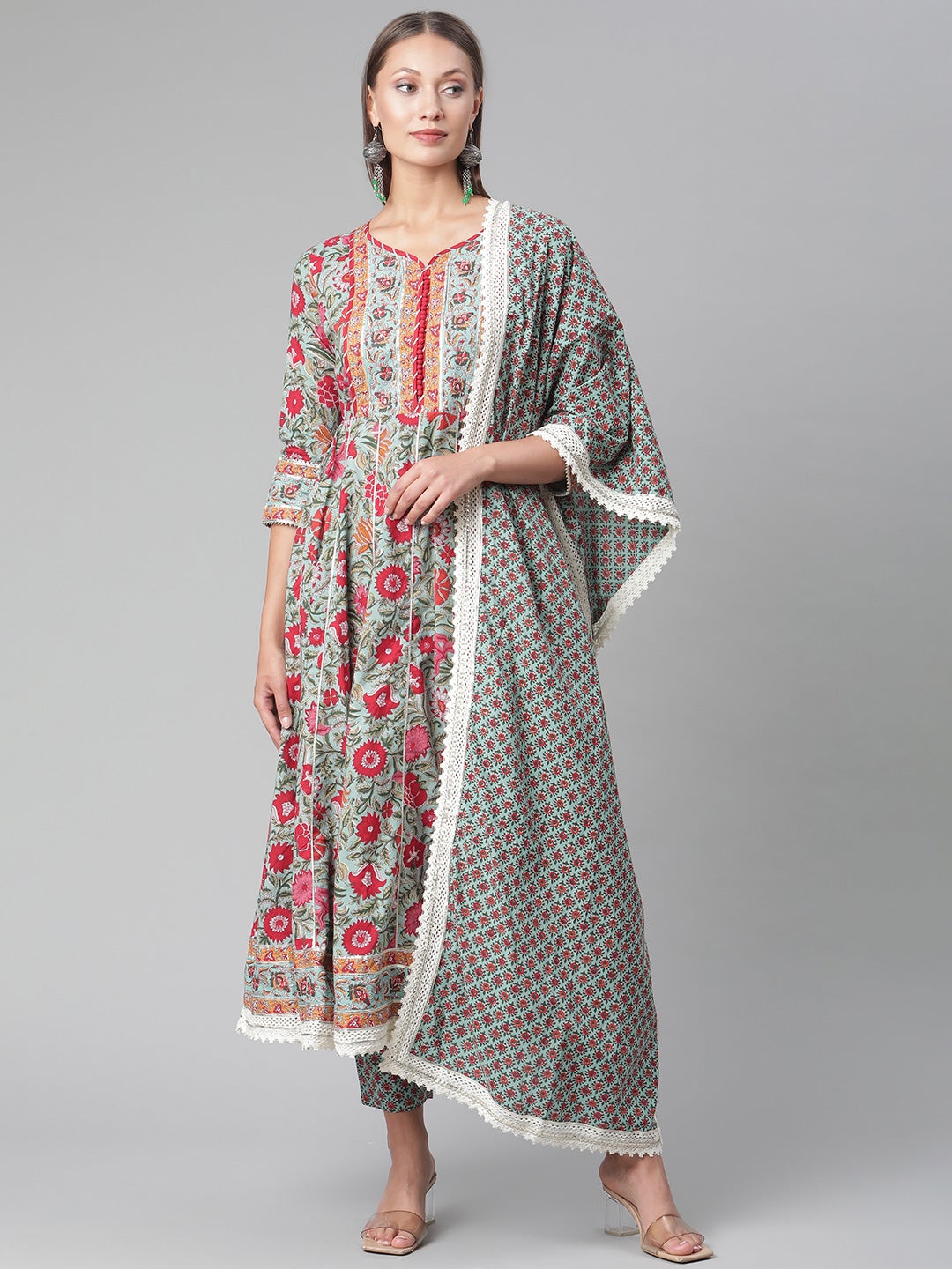 Women'S Sea Green Self Print Cotton Anarkali Kurta Palazzo Set With Dupatta | LASVINI - Redefining Indian Fashion with Elegance