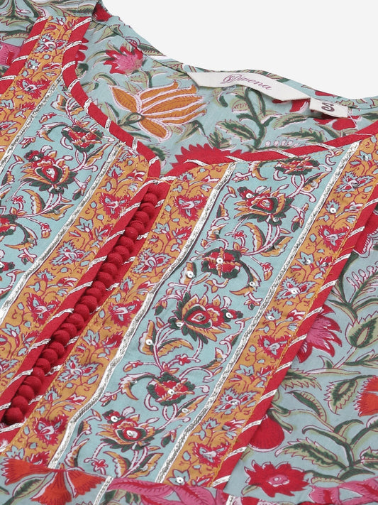 Women'S Sea Green Self Print Cotton Anarkali Kurta Palazzo Set With Dupatta | LASVINI - Redefining Indian Fashion with Elegance