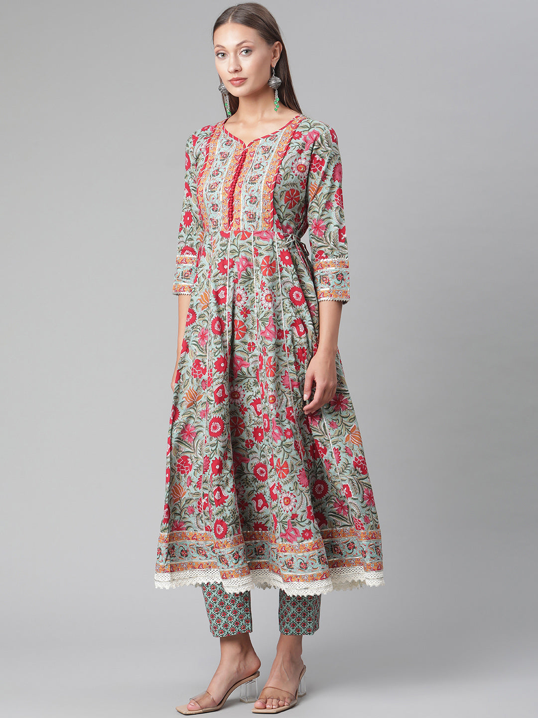 Women'S Sea Green Self Print Cotton Anarkali Kurta Palazzo Set With Dupatta | LASVINI - Redefining Indian Fashion with Elegance