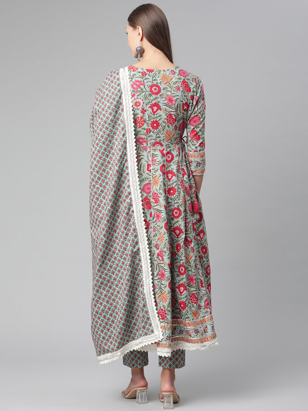 Women'S Sea Green Self Print Cotton Anarkali Kurta Palazzo Set With Dupatta | LASVINI - Redefining Indian Fashion with Elegance